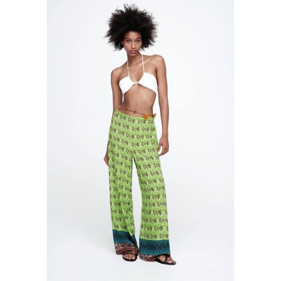NWOT Zara green & multicolour abstract floral print high waist wide leg pants, S - Picture 1 of 14
